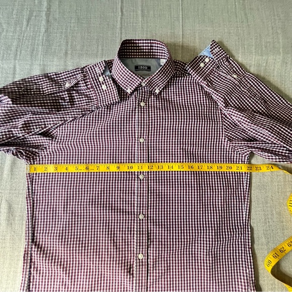 Izod Dress Shirt Mens Size Small 15.5 Slim Fit Red White Blue Gingham Checkered - Picture 11 of 15
